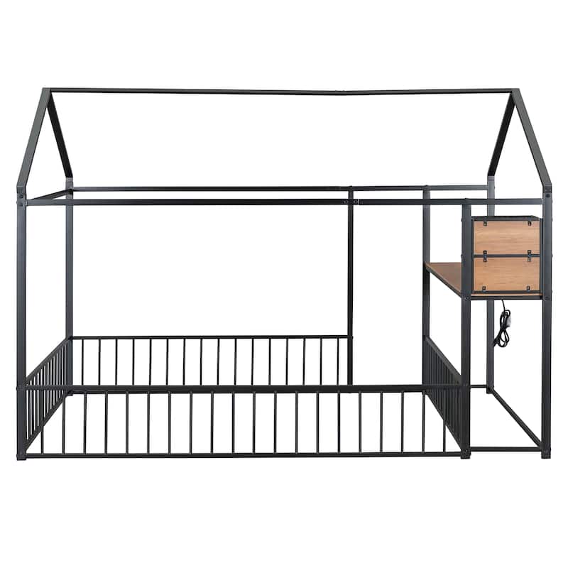 Full Size Metal Bed House Bed Frame with Desk, Shelves, Power Outlets and USB Ports