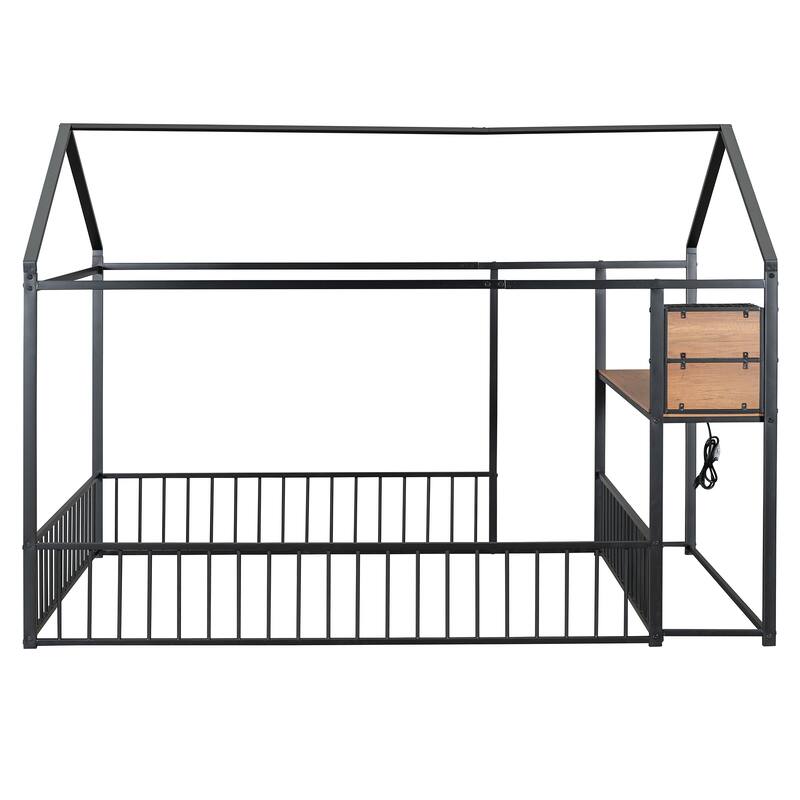 Full Size Metal House Bed with Desk, Shelving, USB Charging Ports & Power Outlets - Stylish and Functional