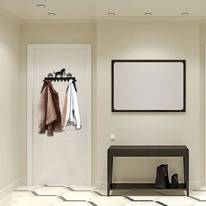 Black Metal Cute Dog Wall Hanging Storage Rack with Hooks for Home Entryway or Coat - 11.81”L x 4.96”H