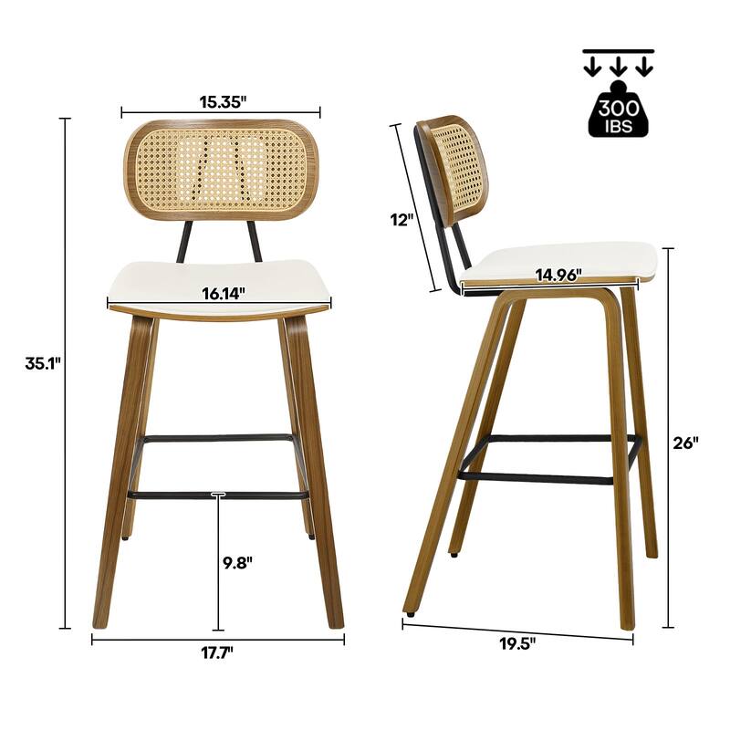 26-inch Wood Counter Height Bar Stools with Rattan Back