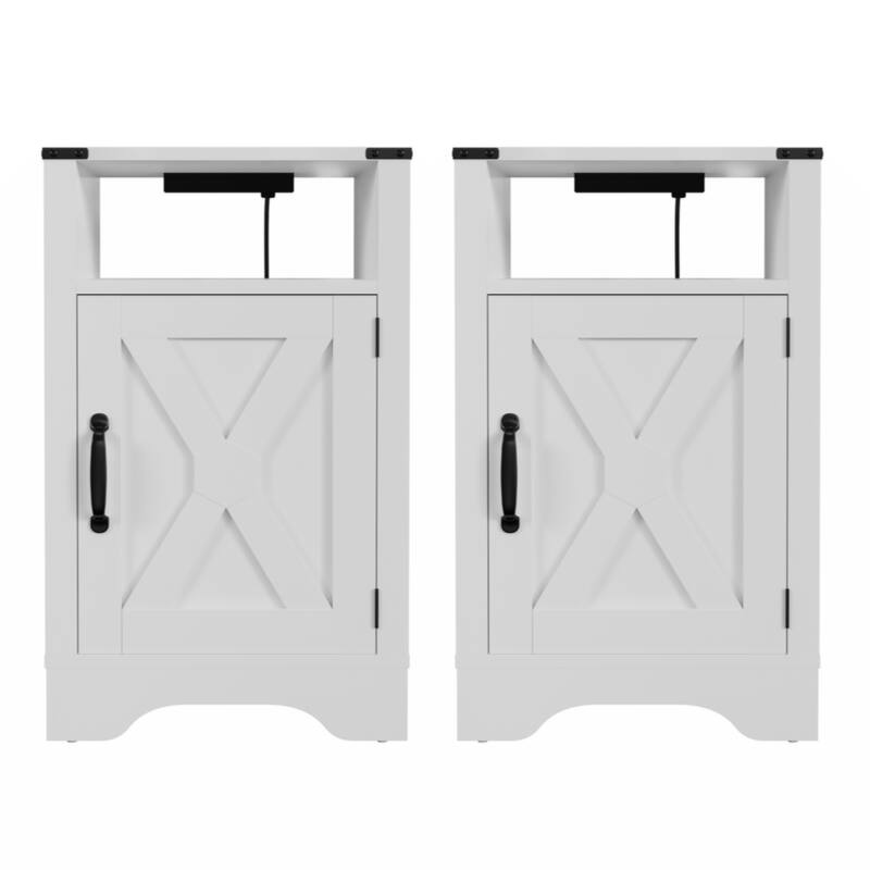 Farmhouse Nightstand Side Table,Tall Bedside Table with Electrical Outlets Charging Station (2 Sets) - White