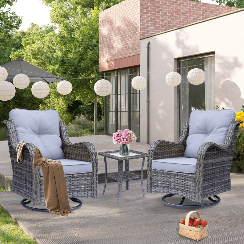 3 Piece High Back Outdoor Wicker Patio Conversation Swivel Chairs Set