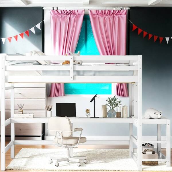 slide 2 of 35, Full Loft Bed with Built-In Desk, Ladder Platform, Ladders, Guardrails White
