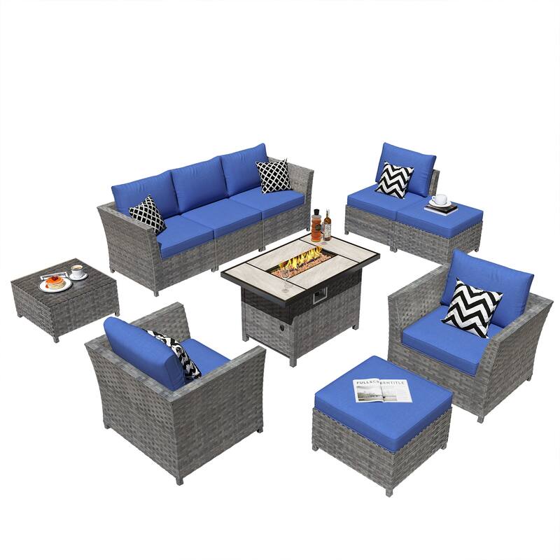 HOOOWOOO 10-piece Outdoor Furniture Rattan Sectional Set with Fire Pit Table.