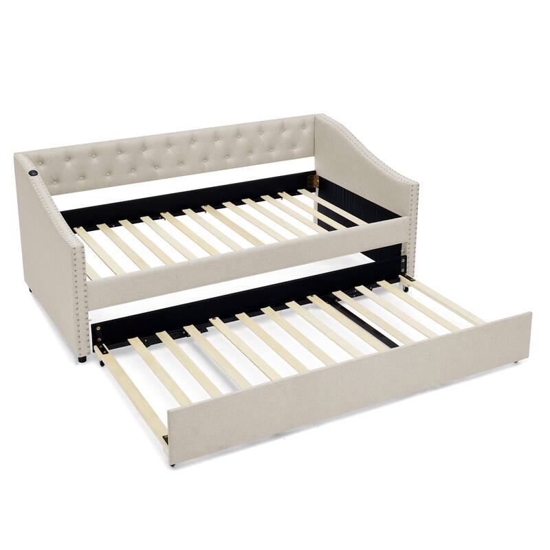 Twin Size Daybed with Pull Out Bed Trundle, Upholstered Button-Tufted Backrest Sofa Bed with Nailhead Trim & USB Charging Ports