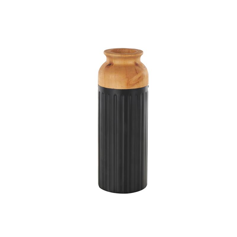 Metal Color Block Decorative Vase with Rounded Linear Grooves and Brown Wood Tops - Set of 2 Black - Roche River Decor