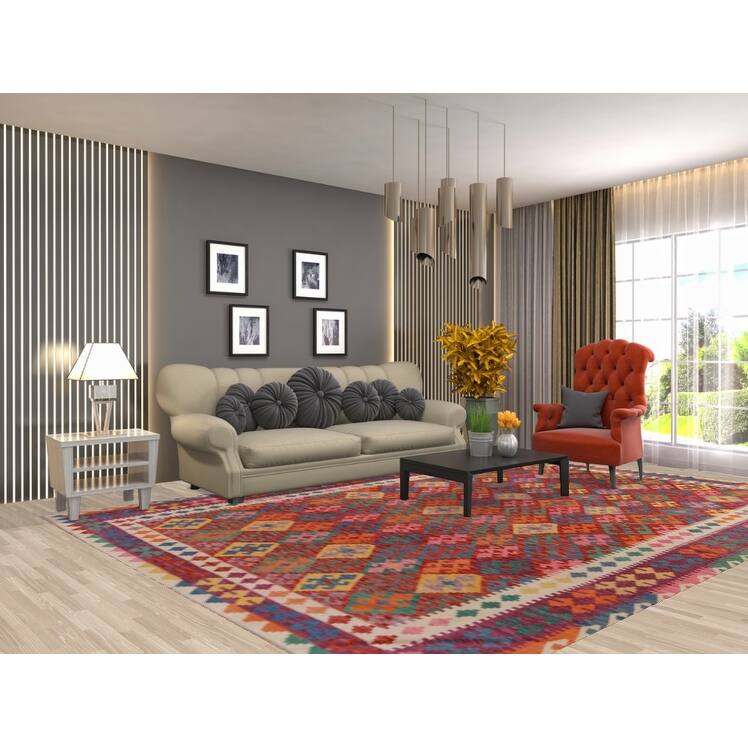 Kkilim Oriental Area Rug Hand-Woven Wool Carpet - 8'5"x 12'0"