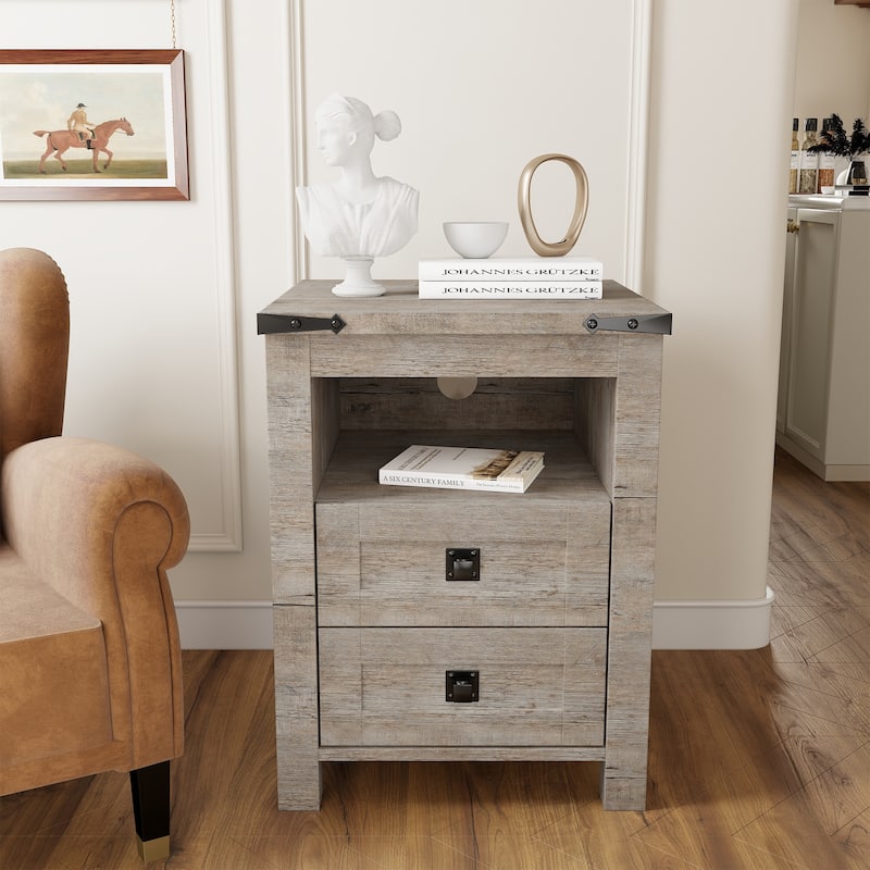 Farmhouse Nightstand with Charging Station, End Table, Side Table - Light Rustic Oak