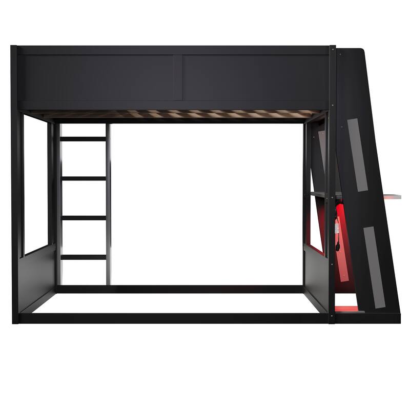Roomfitters Queen Over Queen Gaming Bunk Bed with Desk, Storage Shelves and LED