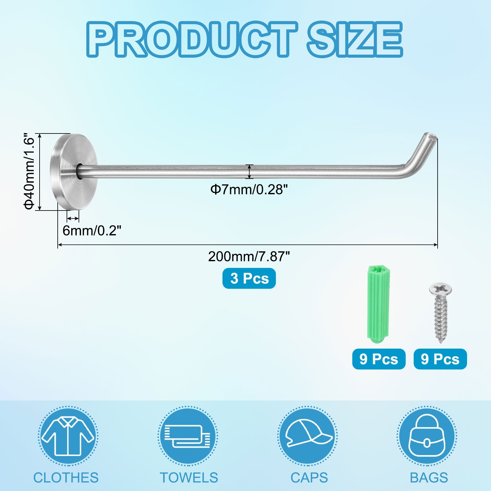 3Pcs Stainless Steel Coat Hooks, 2x0.3" Elephant Nose Hooks, Silver