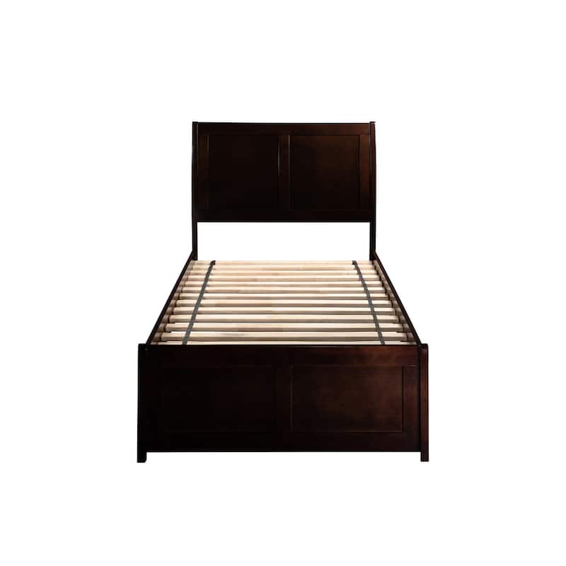 Platform Bed with Trundle - Twin Size, Walnut Finish - Modern Bedroom Furniture Set with Footboard