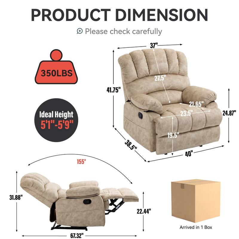 Oversized Fabric Manual Reclining Chair, Ergonomic Upholstered Sofa Chair, Heavy Duty Recliner Chair for Living Room, Bedroom