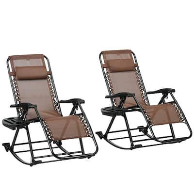 Outsunny Set of 2 Outdoor Rocking Chairs, Foldable Reclining Zero Gravity Lounge Rocker with Pillow, Cup & Phone Holder
