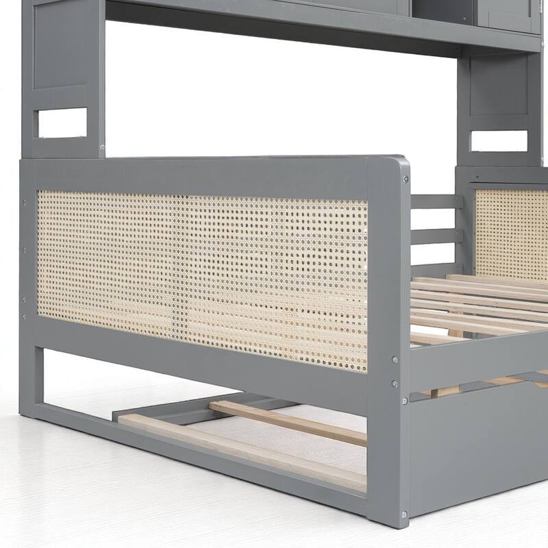 Wooden Twin/Full Daybed with Trundle Bed, Storage Shelves and Cabinet, No Box Spring Required, Rattan Design