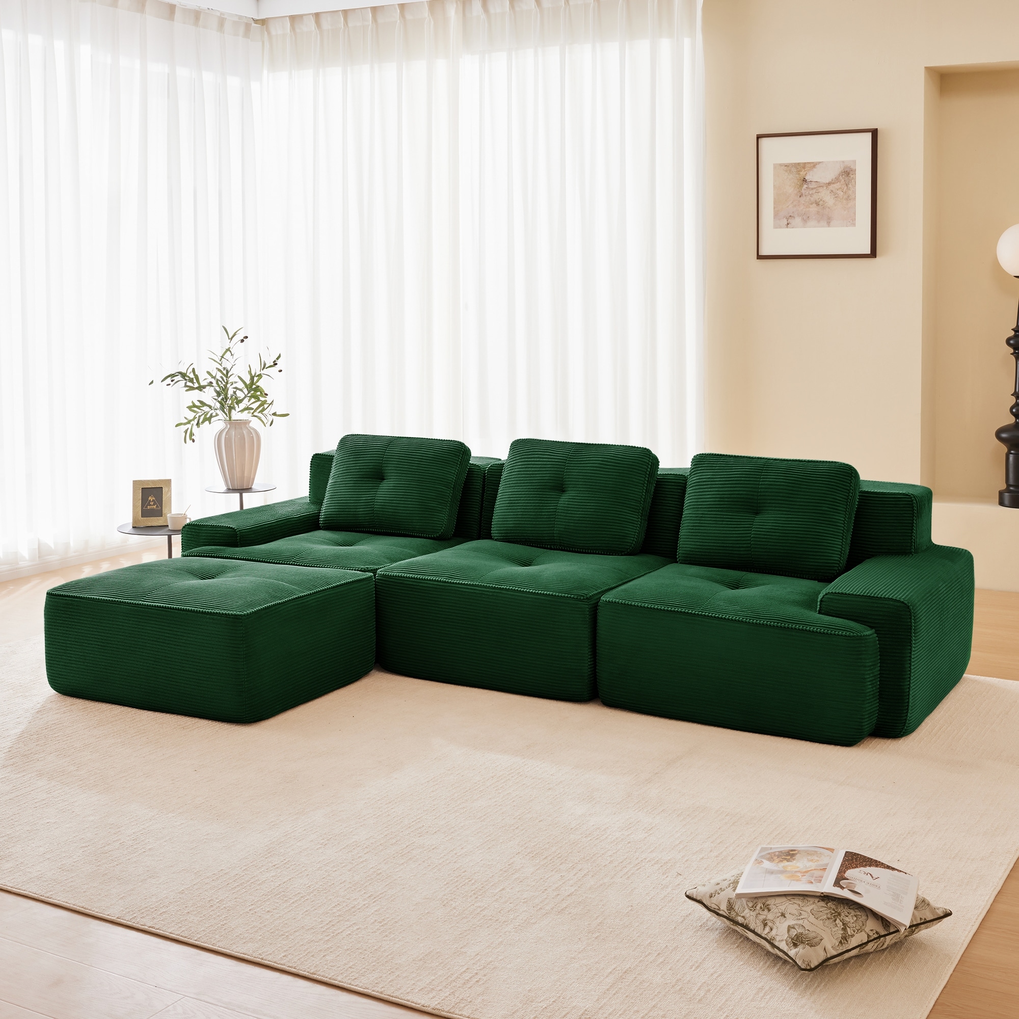 L-Shaped Modular Sectional Sofa with Movable Ottoman, Corduroy Boneless Cloud Couch, Tufted Deep Seat Sofa with 3 Pillow