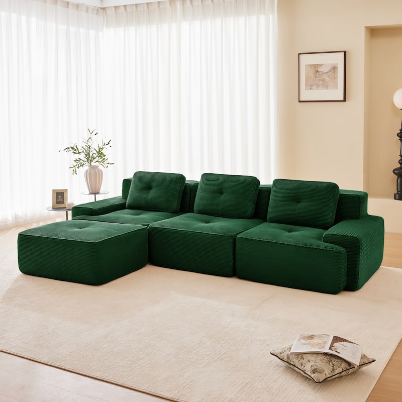 L-Shaped Modular Sectional Sofa with Movable Ottoman, Corduroy Boneless Cloud Couch, Tufted Deep Seat Sofa with 3 Pillow - Green