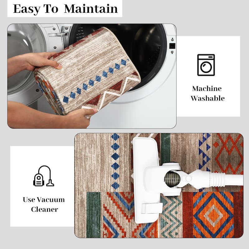 Area Rug Washable Living Room Rugs Vintage Geometric Area Rug Soft Low Pile Non-Slip Area Rug