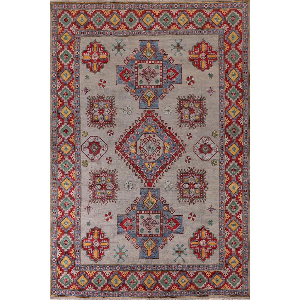 Grey Geometric Kazak Area Rug Hand-Knotted Wool Carpet - 8'2"x 11'5"
