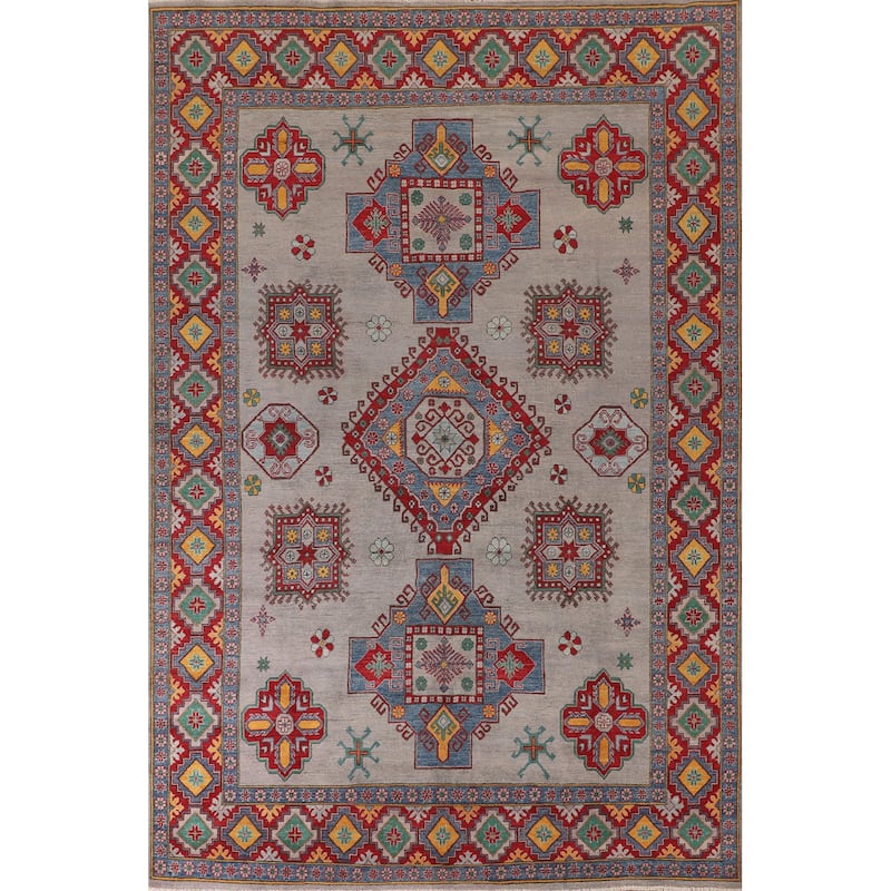 Grey Geometric Kazak Area Rug Hand-Knotted Wool Carpet - 8'2"x 11'5"