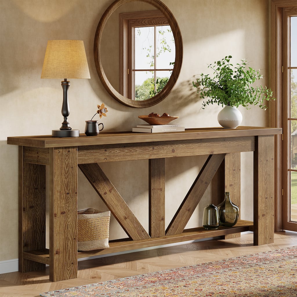 70.9-Inch Solid Wood Sofa Console Table, Extra Long Storage Shelves Entryway Table for Living Room, Hallway, Foyer