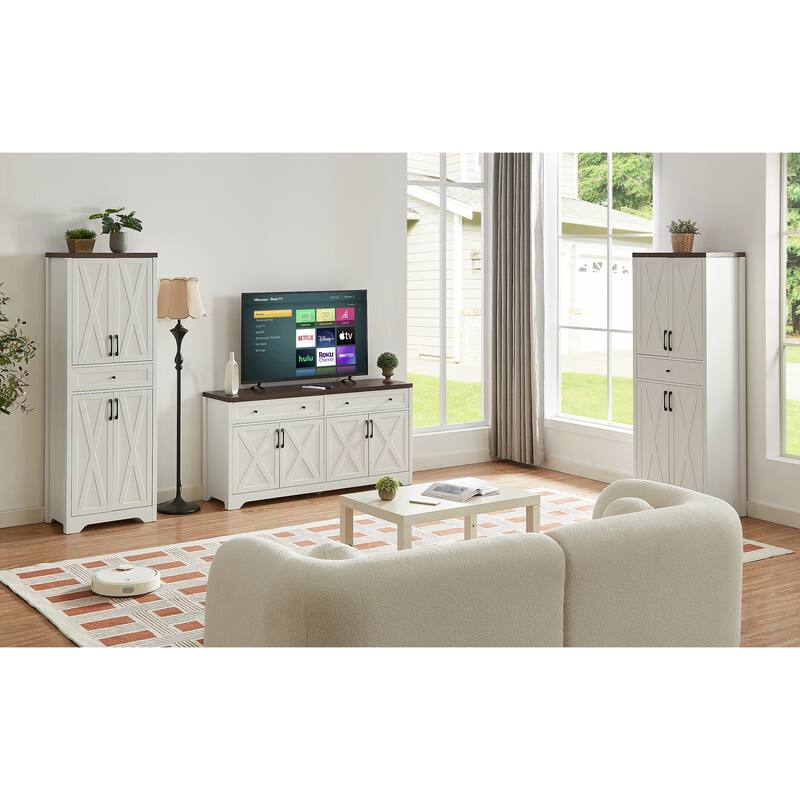 Modern Multi-Functional TV Stand Set, Modular TV Stand with 1 TV Stand and 2 Side Cabinets, for Living Rooms, White+Walnut