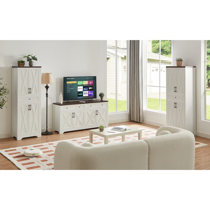 TV Cabinet Set Multifunctional TV Wall, One TV Cabinet and Two Sideboards - White+Walnut