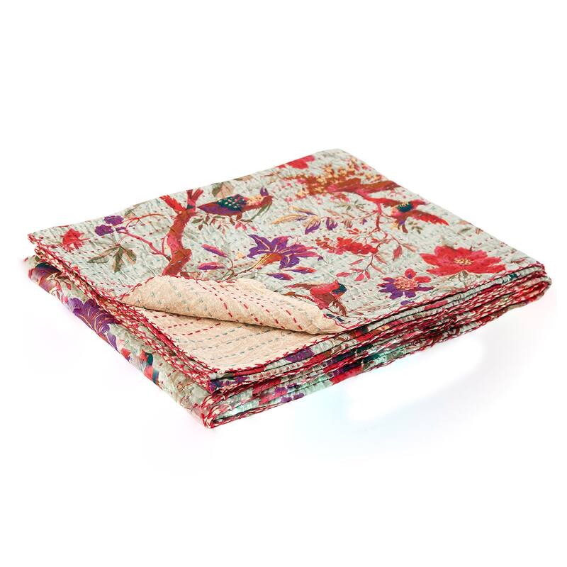 HomeRoots 50" X 70" Pink and Ivory Kantha Cotton Floral Throw Blanket with Embroidery