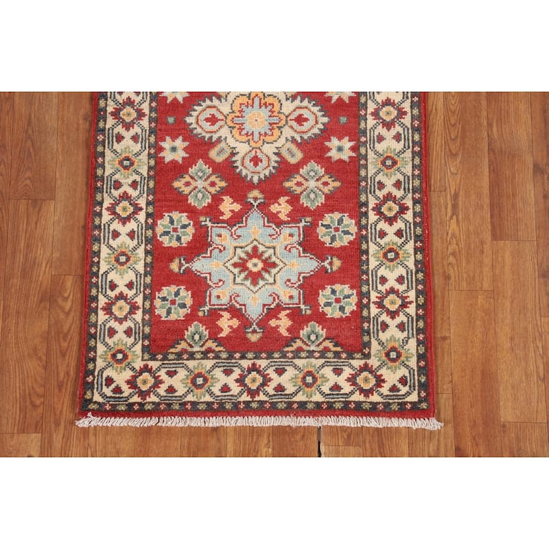 Geometric Red Kazak Runner Rug Hand-Knotted Wool Carpet - 2'1" x 6'0"
