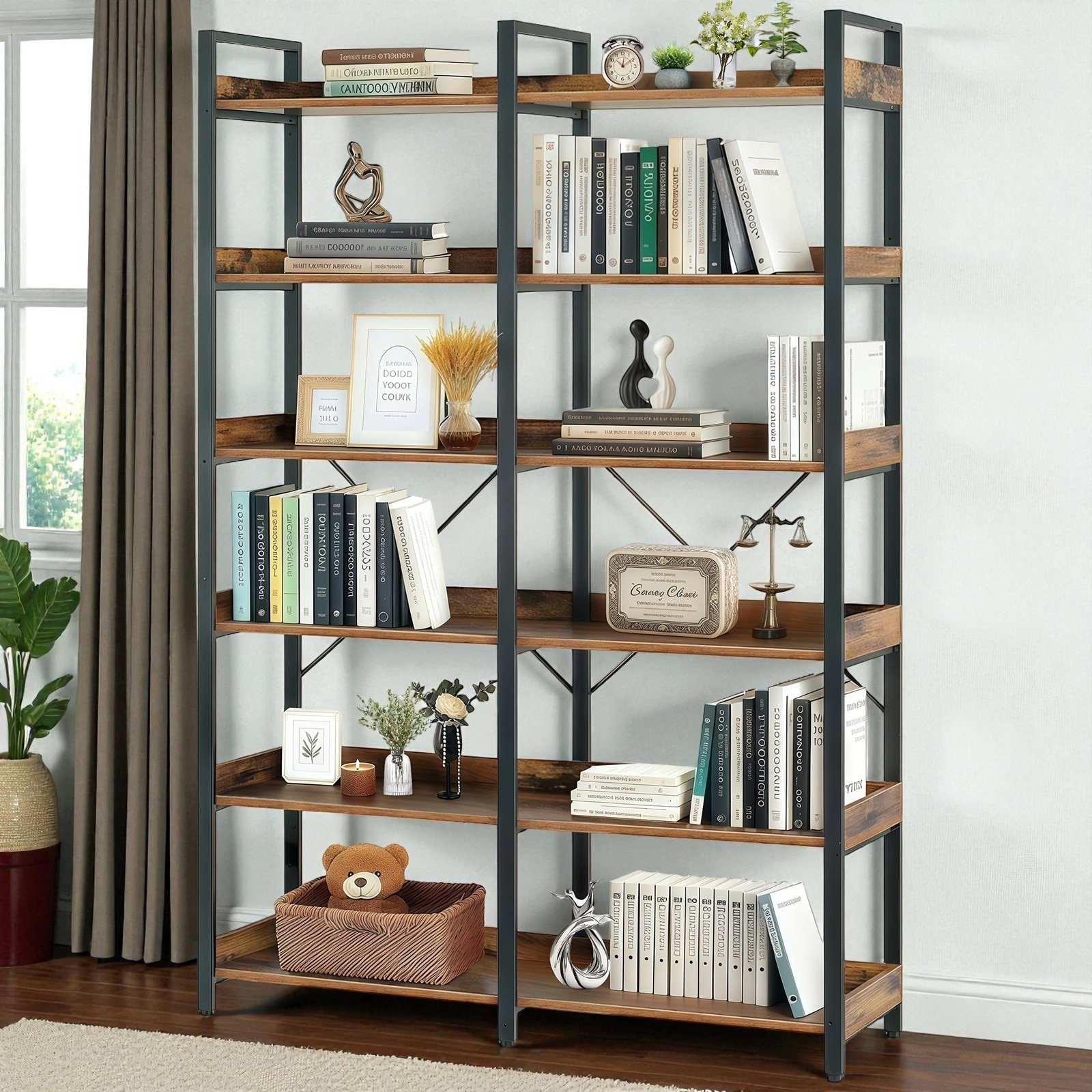 6-Tier Industrial Bookshelf, 67" Wooden Bookcase with Metal Frame, Freestanding Open Shelf Storage Rack for Home Office