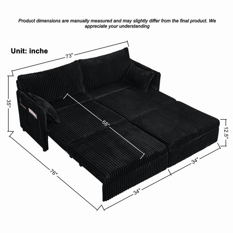 Roomfitters 73" Modern Corduroy Sofa Bed with Pull-out Sleeper Design, Modular Daybed with Storage Pocket & Pillows
