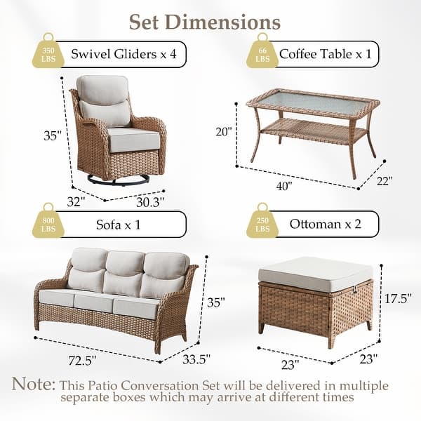 dimension image slide 60 of 75, Outdoor Patio Sofa Swivel Chair with 6-Inch Thick Cushions Set