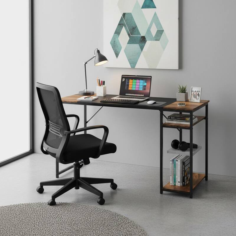 Homylin Industrial Writing Desk with Side Storage Shelves, Black Brown - 47.2" × 23.6“