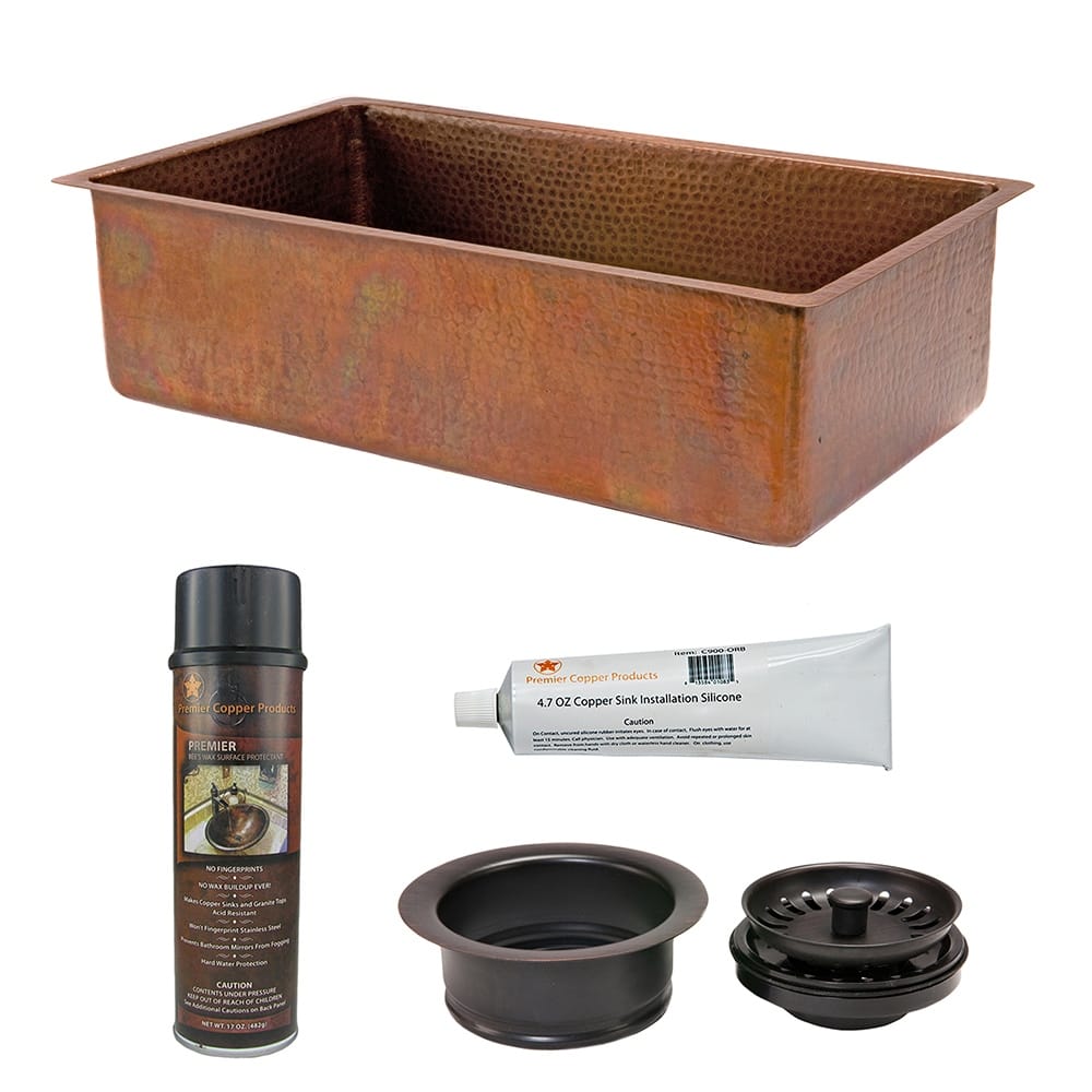 33-in Antique Hammered Copper Kitchen Single Basin Sink with Matching Drain and Accessories (KSP3_KSB33199)