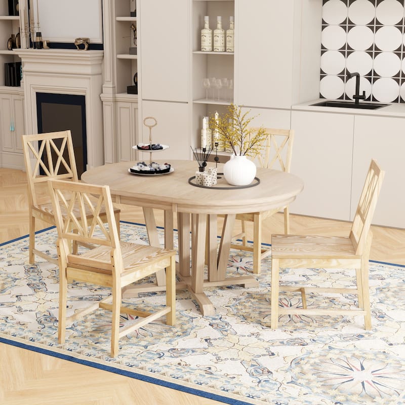 Rustic 5 Piece Extendable Round Dining Table Set - Natural