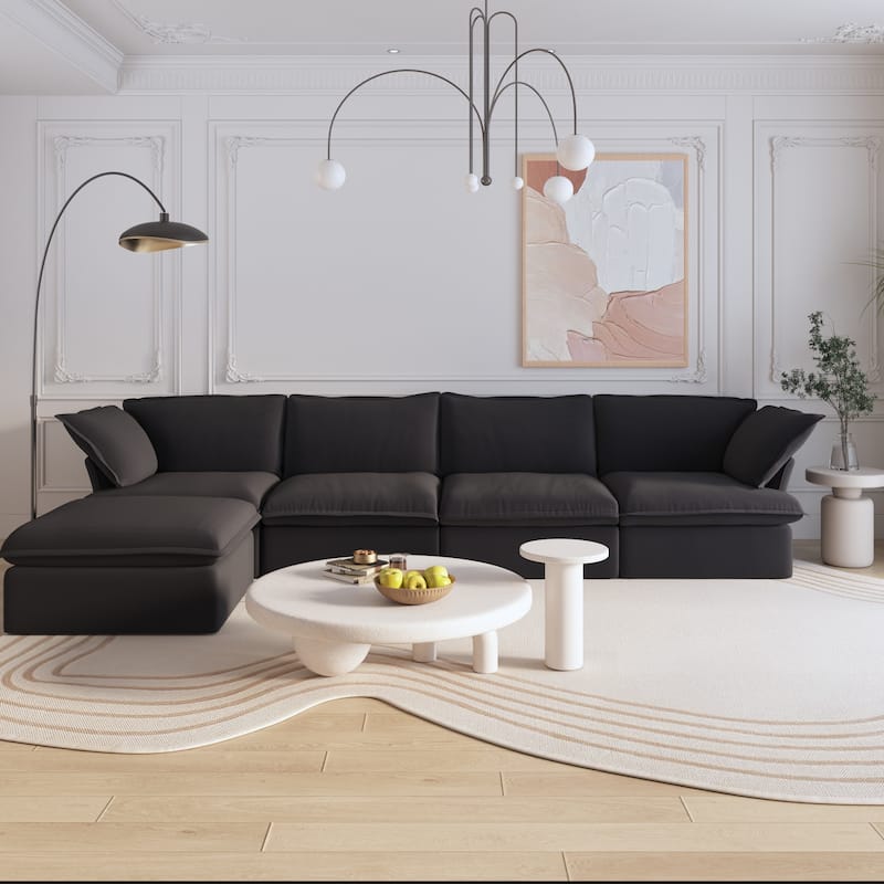 L-shaped Linen Upholstered Sectional Sofa with Ottoman for Living Room - black(4seat+1ottoman)