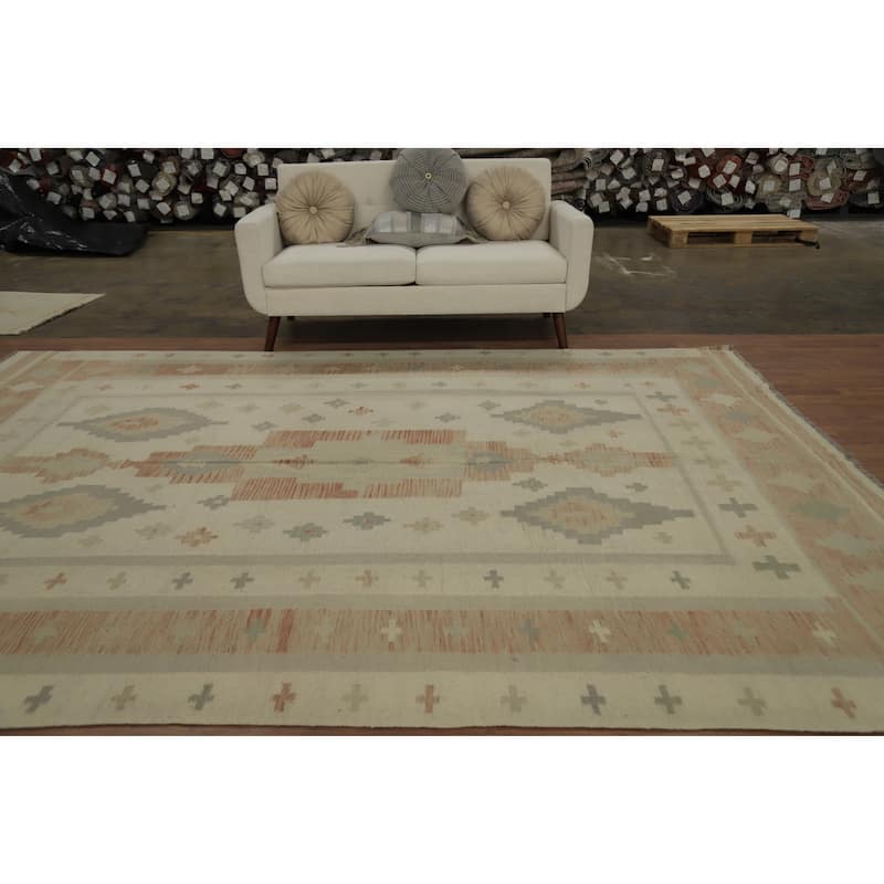 Hand Woven Oriental 100% Wool Carpet Southwestern Tribal Beige & Ivories Kilim Area Rug - 11' 4'' X 8' 4''