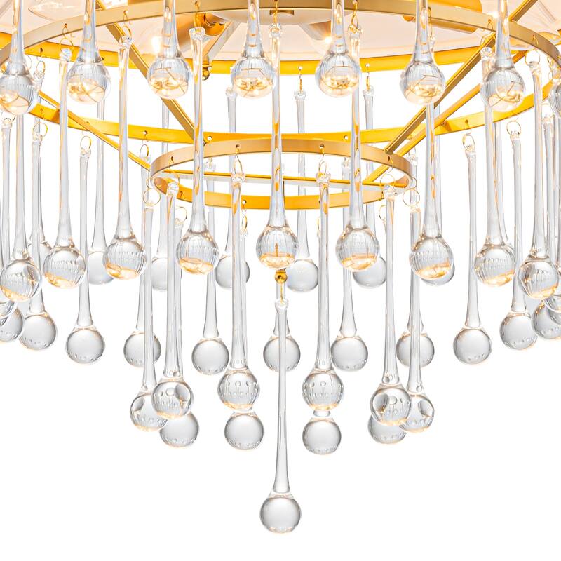 Brushed Gold Crystal Tiered Chandelier with Linen Shade Dining Room - Dia.23.62-in
