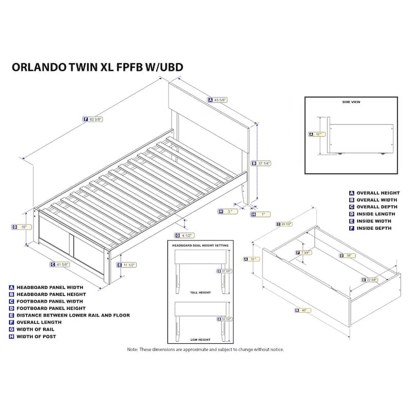 Orlando Twin XL Platform Bed with Footboard and 2 Storage Drawers in Grey