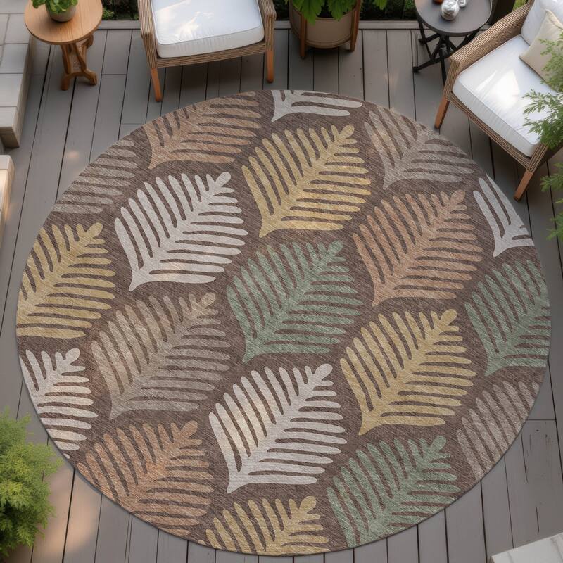 Machine Washable Indoor/ Outdoor Modern Fern Chantille Rug - Chocolate - 8' x 8'