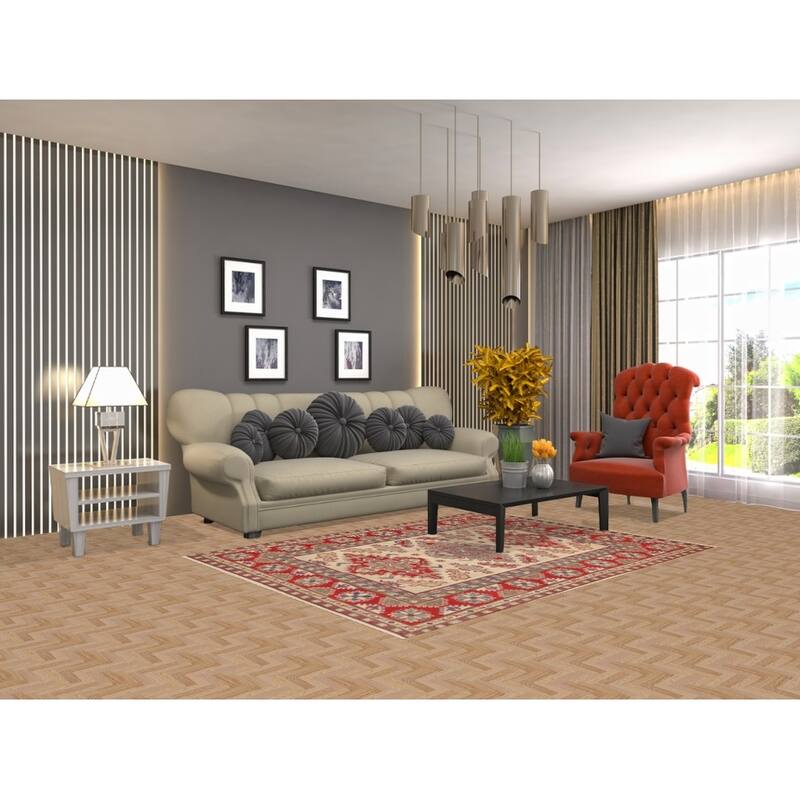 Geometric Kazak Area Rug Handmade Beige Wool Carpet - 4'10" x 6'6"