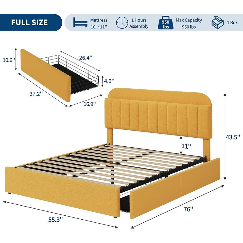 Bed Frame with 2 Drawers, Boucle Upholstered