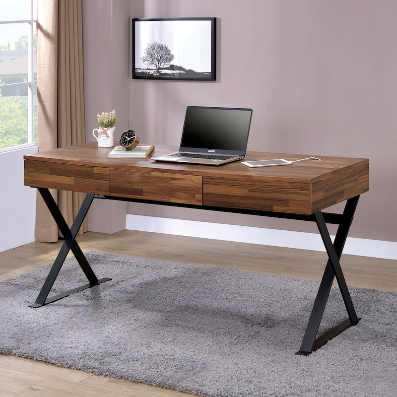 GDFStudio - Ethan Industrial Computer Desk with X-Cross Legs, Three Storage Drawers, USB and Power Outlets - Black