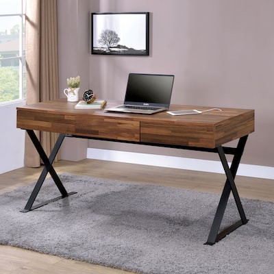 GDFStudio - Ethan Industrial Computer Desk with X-Cross Legs, Three Storage Drawers, USB and Power Outlets