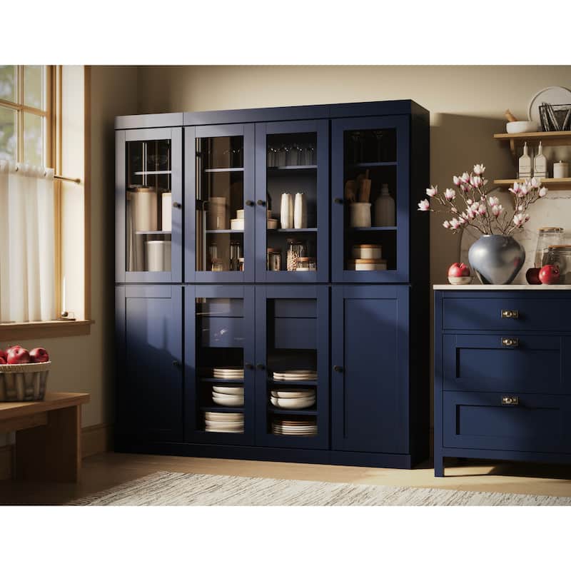 Palace Imports 100% Solid Wood 65" Pantry Cabinet with Clear Glass, Shaker Doors, 2-Drawers and Adjustable Shelves - Navy