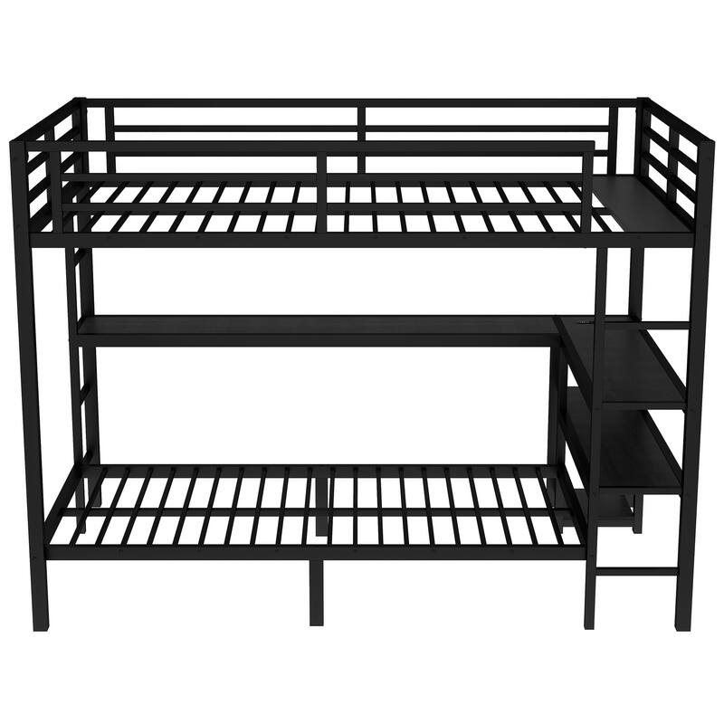 Roomfitters Full Over Twin Metal Bunk Bed with Desk & Shelves, Multiple Placement Design, LED Lighting & USB Ports, Black