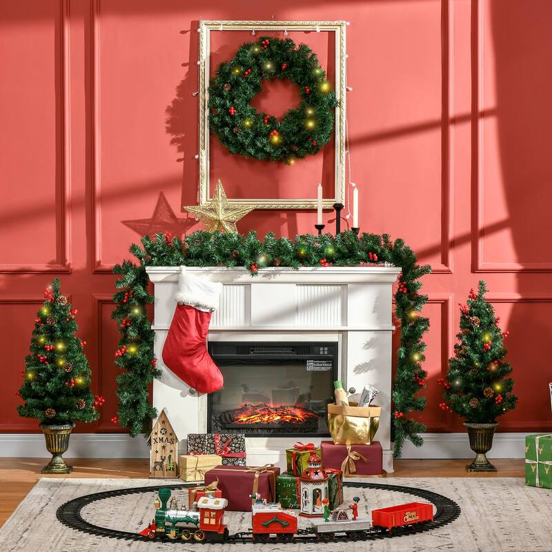 HOMCOM Prelit Holiday Christmas 4-Piece Set, Garland Wreath and Set of 2 Entrance Trees with Warm White LED Lights - Green