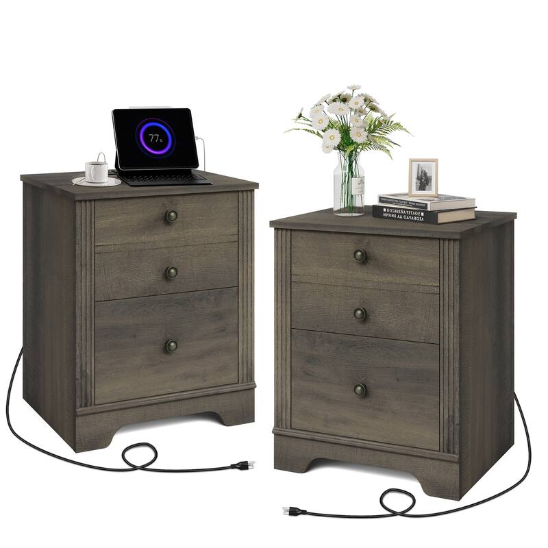 End Table with Charging Station, Side Table with Storage, 2 Power outlets & 2 USB Ports for Living Room - 2 Pack - Grayish Brown