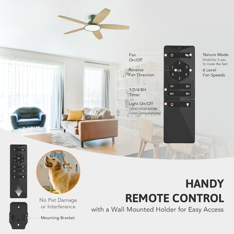 5 - Blade Low Profile Flush Mount Modern Ceiling Fan with 3CCT LED Light and Remote