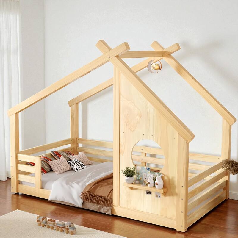Twin/Full Size Solid Wood House Floor Bed with Window and Shelf, Montessori Low Bed Frame for Kids, No Box Spring Needed