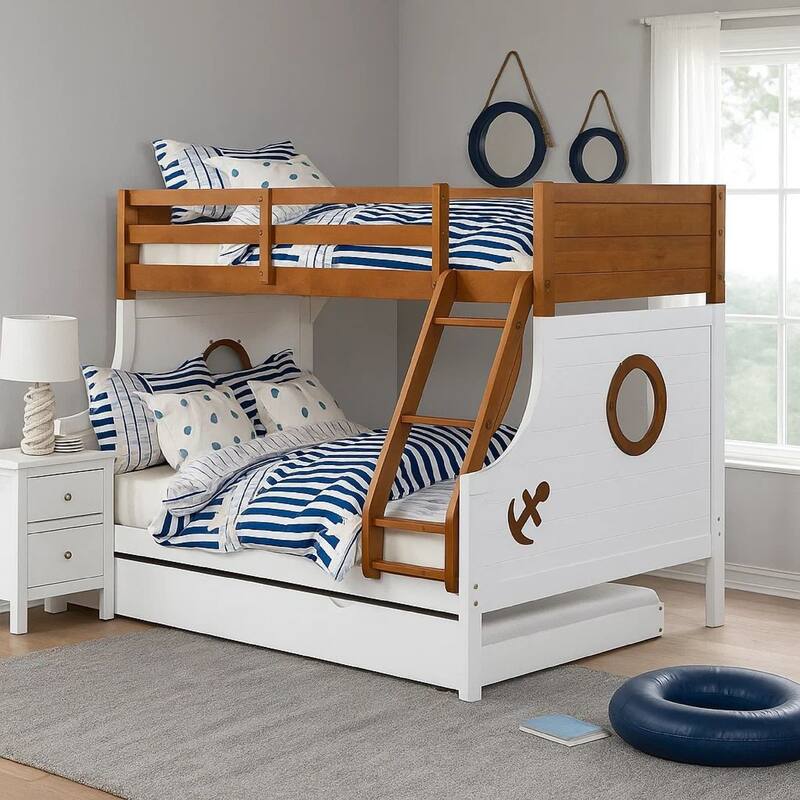 Nexo Twin over Full Bunk Bed with Trundle, Oak Brown, White, Solid Wood